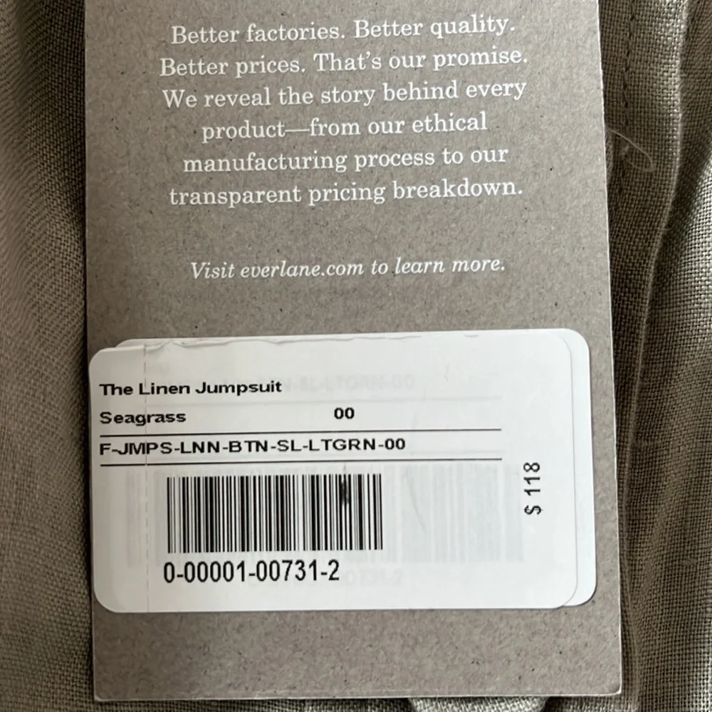 Everlane linen picnic jumpsuit in sea grass, like new size 00